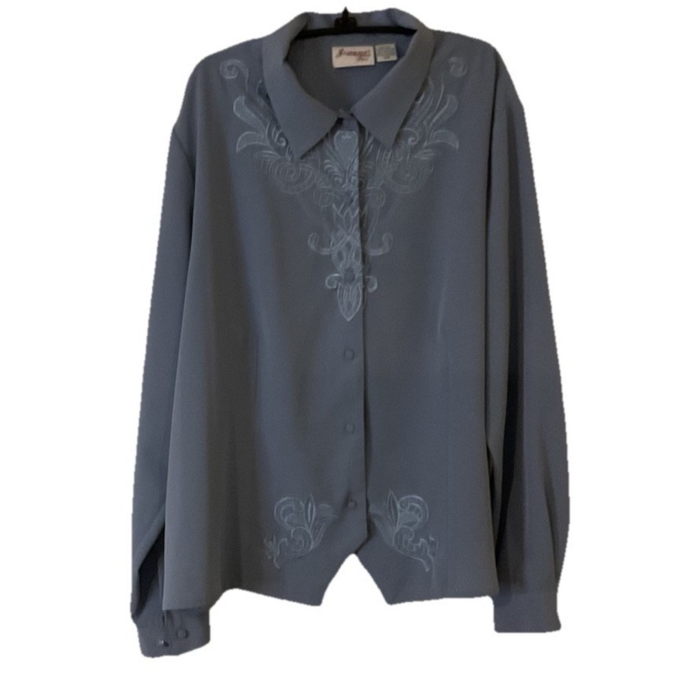 Vintage Blouse Top SZ 22 W blue embroidered cottage Prairie Office Staple